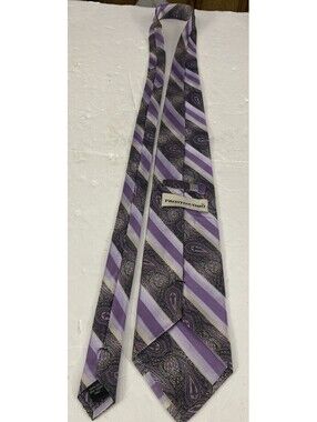 Pronto Uno Silk Tie Purple Gray White Paisley Stripes Men Necktie USA 59 x 3.3/8